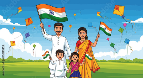 Vector illustration of a joyous Indian family celebrating a national day, waving the tricolor flag with colorful kites flying in the sky.