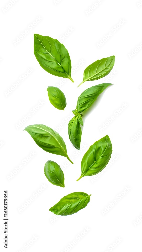 Naklejka premium Fresh Basil Leaves Floating on White Background