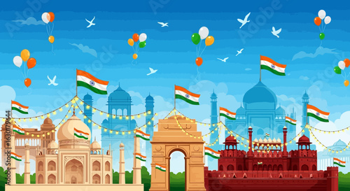 A vibrant illustration blending iconic Indian architecture with national flags for a patriotic celebration.