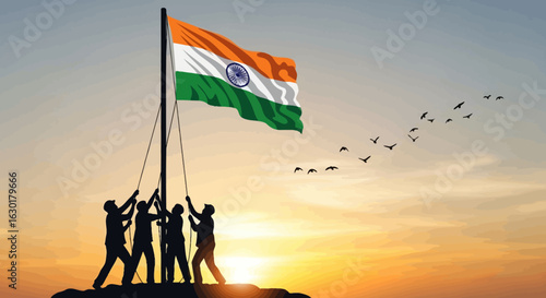 Patriotic illustration of people hoisting the national flag of India against a beautiful sunrise, symbolizing unity and freedom.