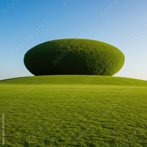 Lush green, oval-shaped mound on a grassy hill under a clear sky