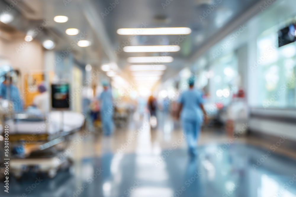 Blurred background of a hospital interior with medical equipment and busy hospital staff in motion Blurred background of a hospital interior with medical equipment and busy hospital staff in motion