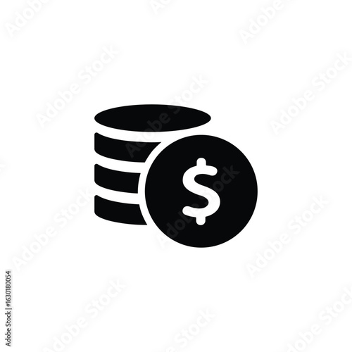 Money. Icon Vector in black color. Payment system. Coins and Dollar cent Sign isolated on white background. Flat design style. Business concept.