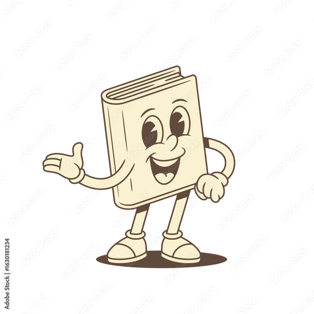 Fototapeta premium Smiling childish book cartoon character showing inviting promo vector illustration. Comic cute minimalist textbook literature library mascot pointing hand advertising presenting education