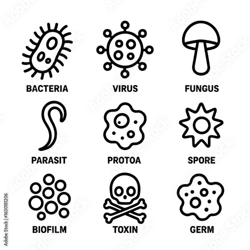 Infectious Agents Icons. Outline icon set of infectious agents: bacteria, virus, fungus, parasite, protozoa, spore, biofilm, toxin