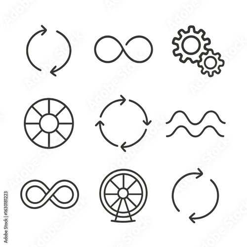 Infinity Icon Set. Outline icon set of infinity in motion and cycles: circular arrows, looped track, rotating gears, spinning
