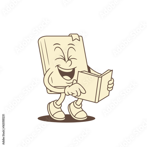 Comic childish book cartoon character read textbook laughing vector illustration. Funky cute minimalist literature library mascot studying knowledge art entertainment education