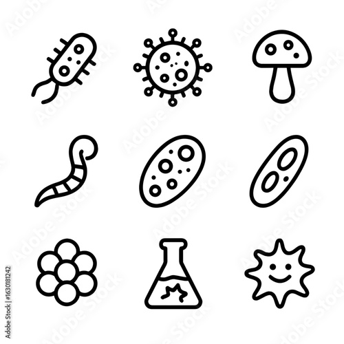 Infectious Agents Icons. Outline icon set of infectious agents: bacteria, virus, fungus, parasite, protozoa, spore, biofilm, toxin