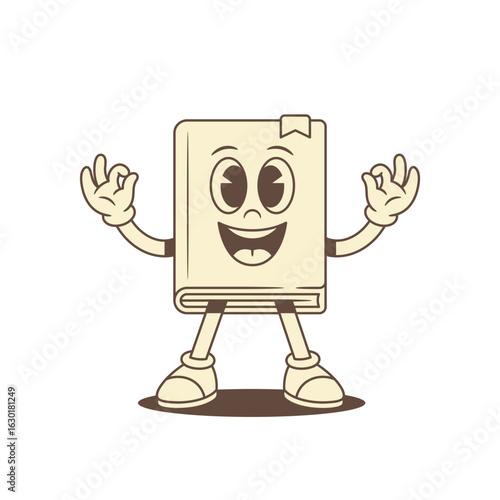 Positive cute book cartoon character showing okay ok gesture vector illustration. Comic funny childish minimalist textbook literature library mascot alright everything good sign education
