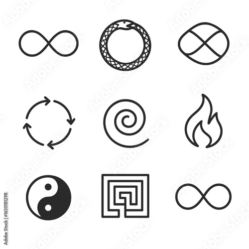 Infinity Icon Set. Outline icon set of philosophical infinity: endless loop, ouroboros, mobius strip, circle of life, spiral,