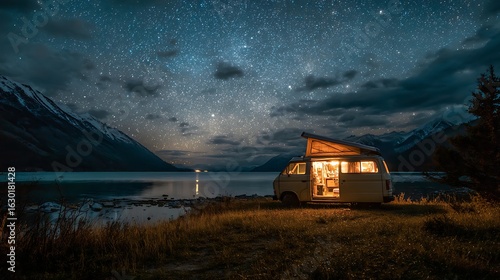 Campground van parked beside a lake under a starlit sky.