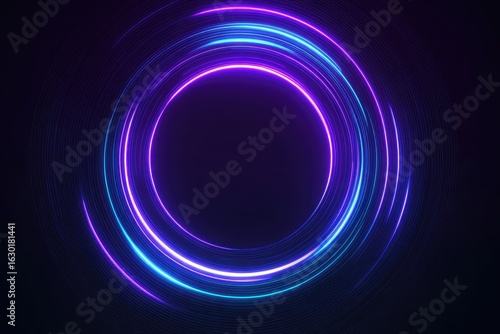 Radial abstract neon background. Laser neon lines move in a circle along a circular dark geometry. Conceptual technology background. Blue purple light spectrum
