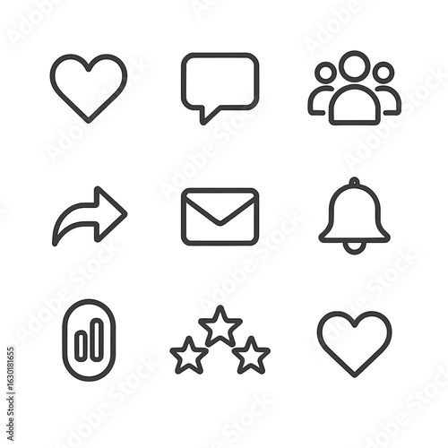 Influencer Engagement Icons. Outline icon set of influencer engagement: likes, comments, followers, shares, direct message,