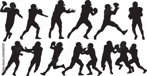 American football players silhouettes in action poses, american football, football, player, sport, athlete, silhouette, action, game, team, offense, defense, quarterback, receiver, running back, tackl