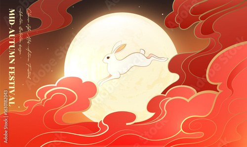 Horizontal Mid-Autumn Festival illustration of a full moon and a rabbit