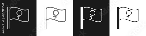 Set Female movement, feminist activist with banner and placards icon isolated on black and white background. Feminist rights movement, feminism sisterhood. Vector