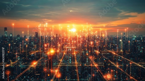 A futuristic digital cityscape with glowing lights and smart infrastructure symbolizing advanced civilization