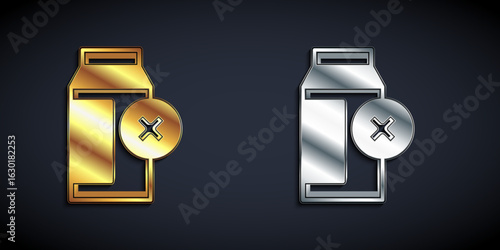 Gold and silver Lactose intolerance icon isolated on black background. Not allow milk. Allergy concept, lactose intolerance allergy warning sign. Long shadow style. Vector