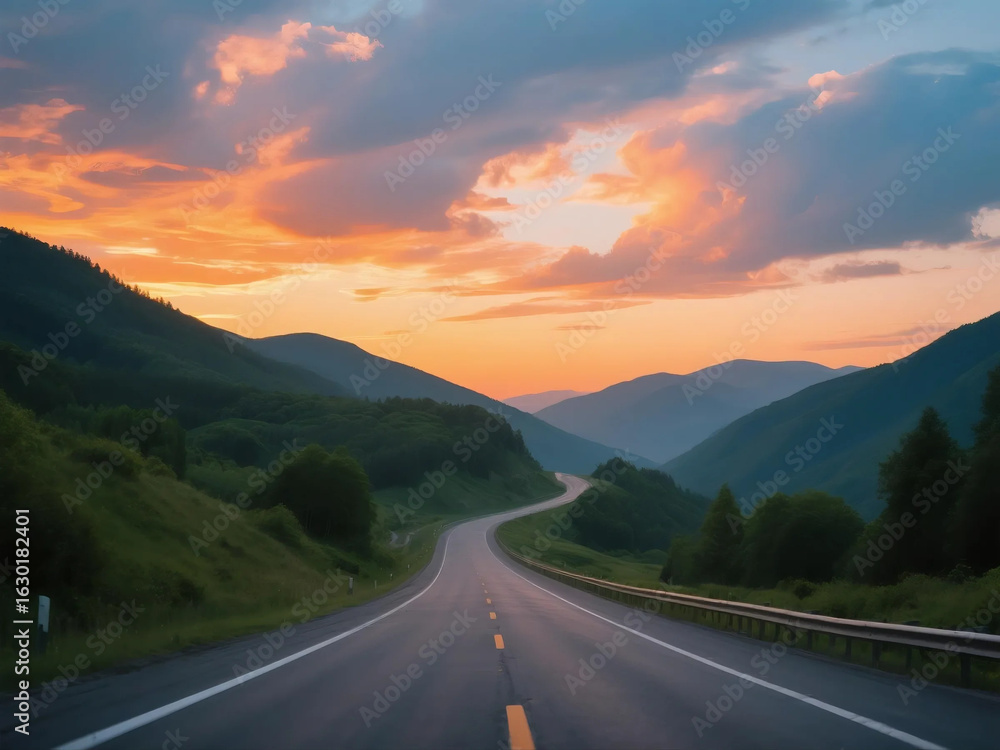 Naklejka premium the Winding Highway with Verdant Forests on Both Sides under sunset light