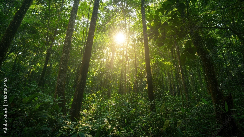 Naklejka premium A lush forest ecosystem thrives under sunlight filtering through tall trees, showcasing a healthy environment teeming with wildlife and greenery