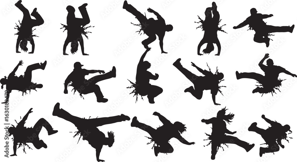 Fototapeta premium Black silhouettes of breakdancers with splash effects, breakdance, dancing, dancer, silhouette, movement, action, sport, recreation, people, human, male, female, group, collection, set, illustration, 