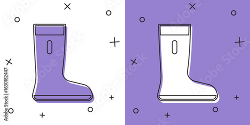Set Waterproof rubber boot icon isolated on white and purple background. Gumboots for rainy weather, fishing, gardening. Vector