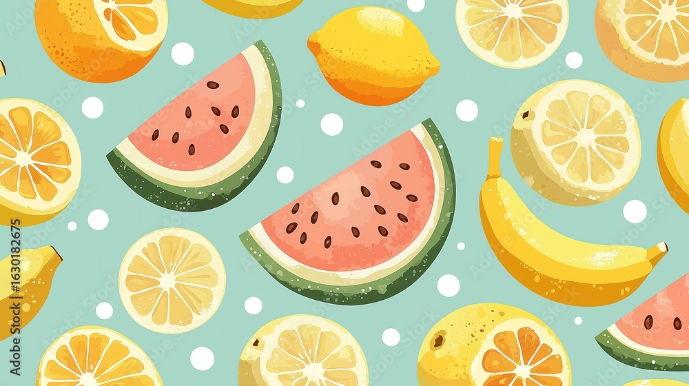 Polka Dot Fruit Pattern with Watermelon, Lemon, Banana and Orange