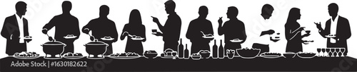 Buffet Dinner Party Silhouettes with Food and Drinks, buffet, dinner, party, people, silhouettes, food, drinks, catering, serving, eating, gathering, social, event, celebration, banquet, feast, table,