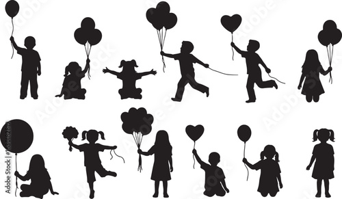 Children silhouettes holding balloons in various poses, children, kids, silhouette, balloons, holding, playing, happy, joy, celebration, party, fun, childhood, innocence, freedom, outdoor, running, si