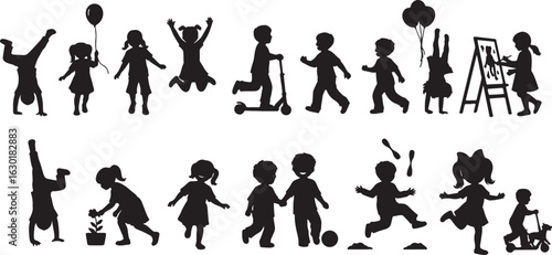 Children silhouettes playing and having fun on white background, child, silhouette, children, kid, kids, play, playing, fun, happy, joy, childhood, active, activity, outdoor, outdoors, jumping, runnin