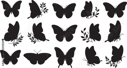 Butterfly Silhouettes with Floral Accents Collection, butterfly, silhouette, insect, wing, flying, nature, animal, art, design, graphic, illustration, collection, pattern, decorative, floral, leaf, br