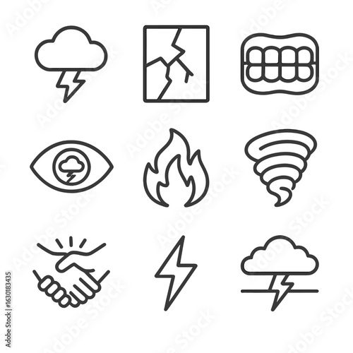 Inner Conflict Icons. Outline icon set of inner conflict: storm cloud with lightning, shattered mirror, clenched teeth, stormy eye