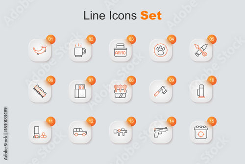 Set line Target sport, Pistol gun, Sniper optical sight, Safari car, Cartridges, Thermos container, Wooden axe and Quiver with arrows icon. Vector
