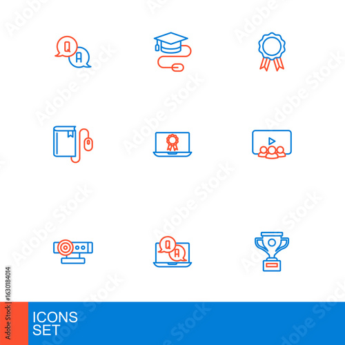 Set line Award cup, Question and Answer, Web camera, Online class, Electronic book with mouse, education diploma, and Graduation cap icon. Vector