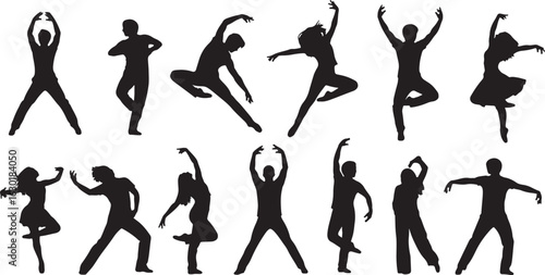 Diverse group of dancers performing various poses silhouette, dancer, dancing, silhouette, dancers, dance, movement, ballet, modern, jazz, performance, performing, artistic, graceful, elegant, pose, p