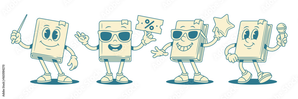 Cute comic childish book cartoon character minimalist mascot set vector illustration. Funny smiling literature library education textbook star sunglasses microphone pointer shopping sale
