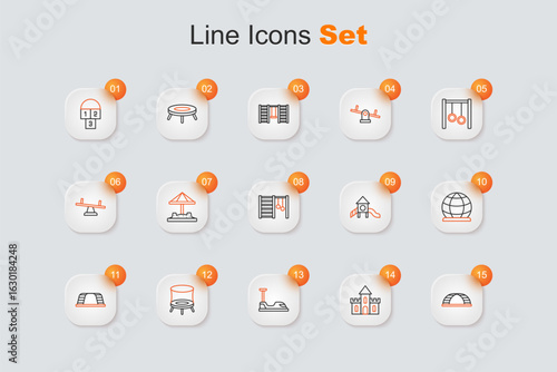 Set line Monkey bar, Sand castle, Bumper car, Jumping trampoline, Playground climbing equipment, Slide playground and Swedish wall icon. Vector