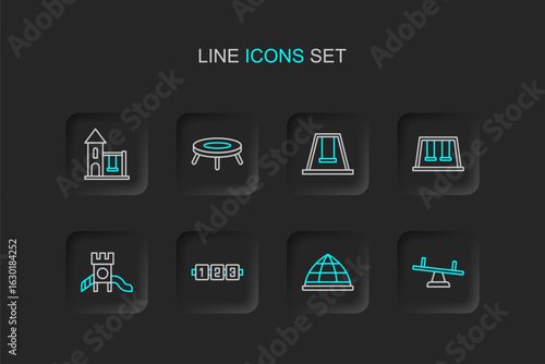 Set line Seesaw, Playground climbing equipment, Education logic game, Slide playground, Swings for kids, Jumping trampoline and icon. Vector
