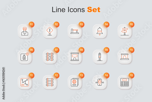 Set line Train station board, Route location, Passport, Railway barrier, map, tunnel, traffic light and Ticket office to buy tickets icon. Vector