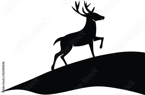 Majestic stag silhouette on a hill isolated on white background