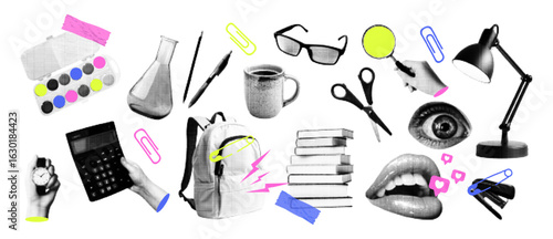 Education school concept halftone collage. Elements backpack, mug, paints, pen, pencil, desk lamp, books. Retro vector illustration isolated on transparent background.