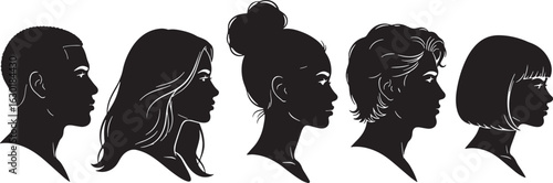 Diverse profile silhouettes of people's heads vector, silhouette, profile, head, people, diverse, male, female, man, woman, hairstyle, facial features, collection, set, illustration, graphic, design, 