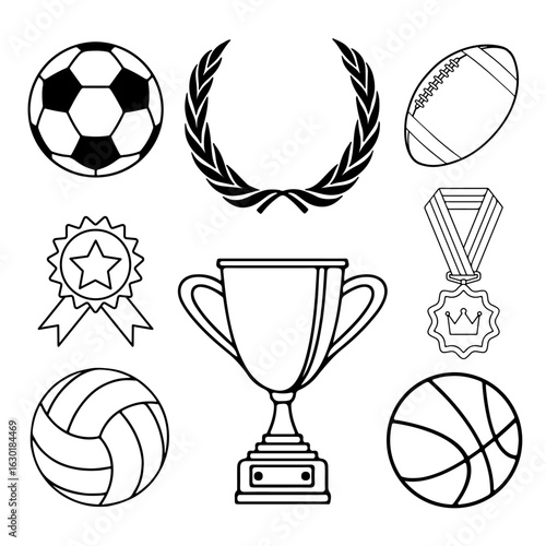 Sports Icons Collection, including a soccer ball, trophy, wreath, football, volleyball, basketball, and medal vector Illustrations