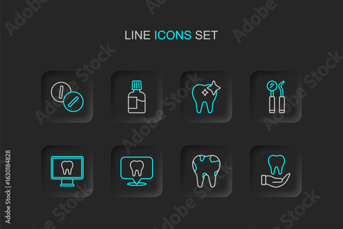 Set line Tooth, Broken tooth, Dental clinic location, Online dental care, mirror and probe, whitening, Mouthwash and Toothache painkiller tablet icon. Vector