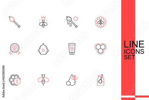 Set line Jar of honey and dipper stick, Bee honeycomb, Sale, Honeycomb, Cosmetic tube with, Hive for bees and award icon. Vector