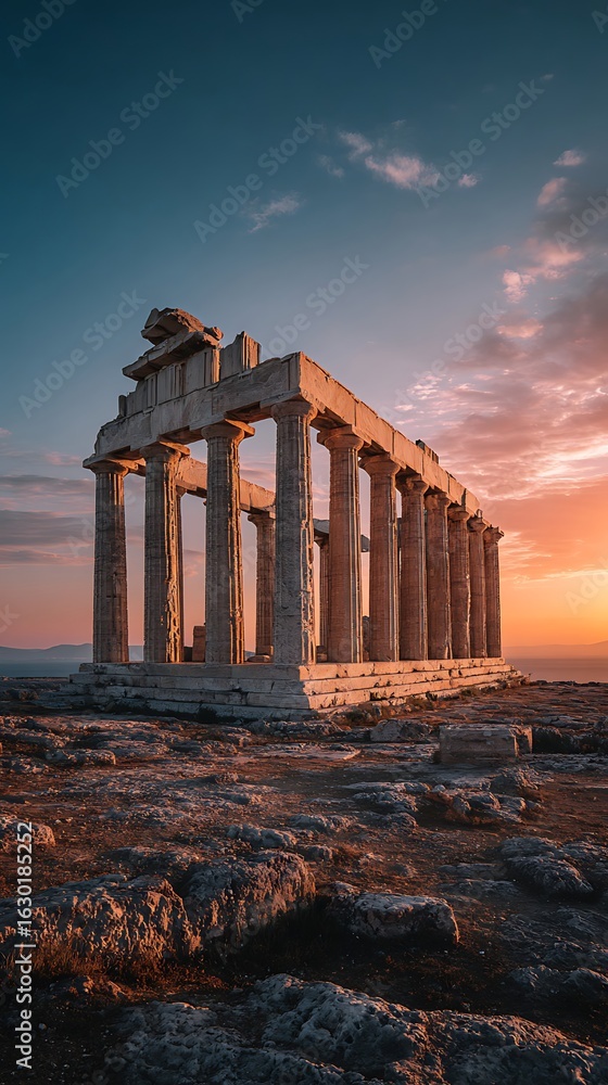 Obraz premium Ancient ruins at sunset against a dramatic sky.
