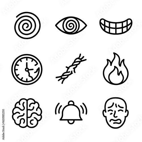 Insanity Icons Set. Outline icon set of insanity symbols: swirling vortex, eye with spiral, manic grin, shattered clock, frayed