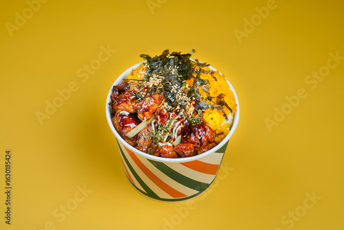 찜닭덮밥이 종이컵에 컵에 담겨 있는, 컵밥의 모습