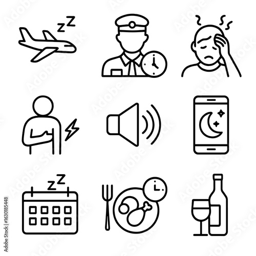 Insomnia Triggers Icons. Outline icon set of insomnia triggers: jet lag, shift work, anxiety, pain, noise pollution, technology