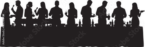 Silhouette of people serving themselves at a buffet, buffet, serving, food, people, silhouette, gathering, event, catering, party, dinner, meal, eating, standing, men, women, adults, guests, hospitali
